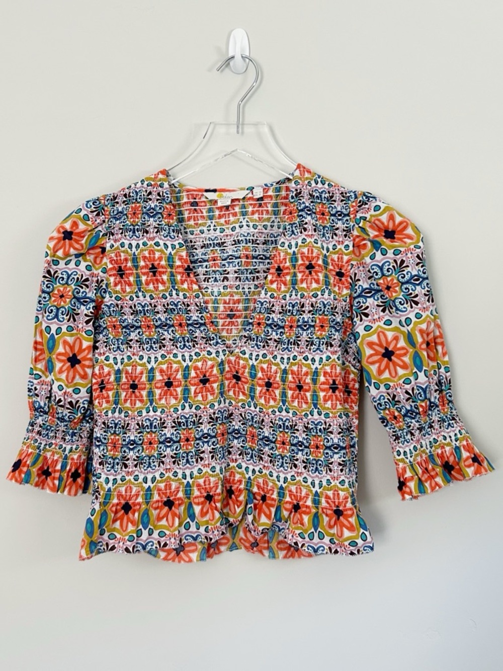 Boden Floral Print Ruched Smocked Puff Elbow Sleeve Blouse White Blue Size 8 - Picture 3 of 7